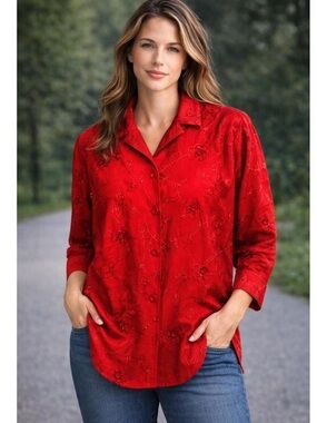 Chico's Red Embroidered Button-Front 3/4 Sleeve 100% Cotton Blouse